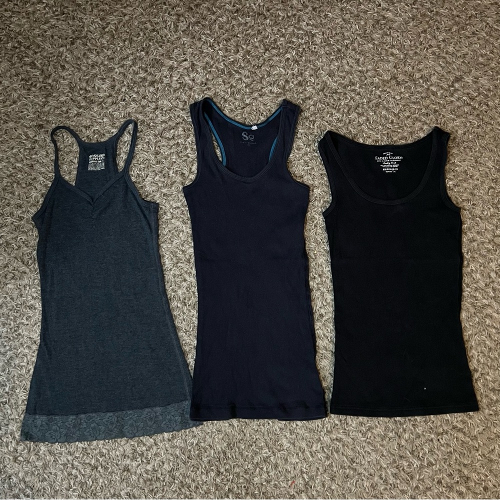 Lot of 3 XS/S Ribbed Tank Tops - Mossimo S, SO XS, Faded Glory XS Black Gray